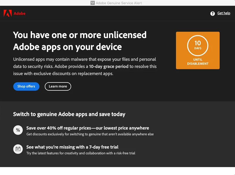 L’alerte Adobe Genuine Service