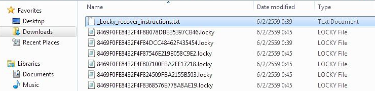 Les fichiers originaux remplacés par des objets étranges verrouillés par l’extension .locky dans un dossier